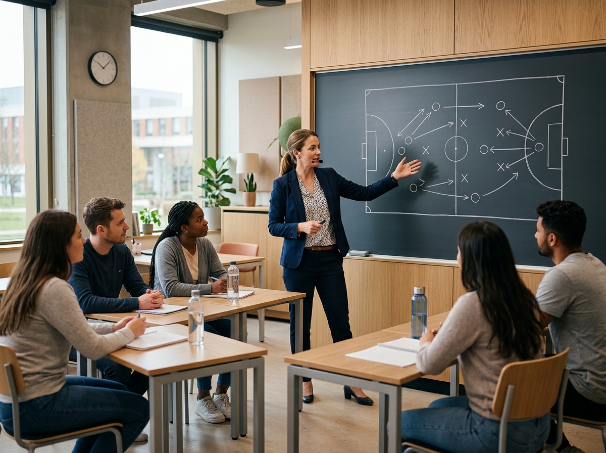 Clase grupal presencial con una preparadora resolviendo dudas
