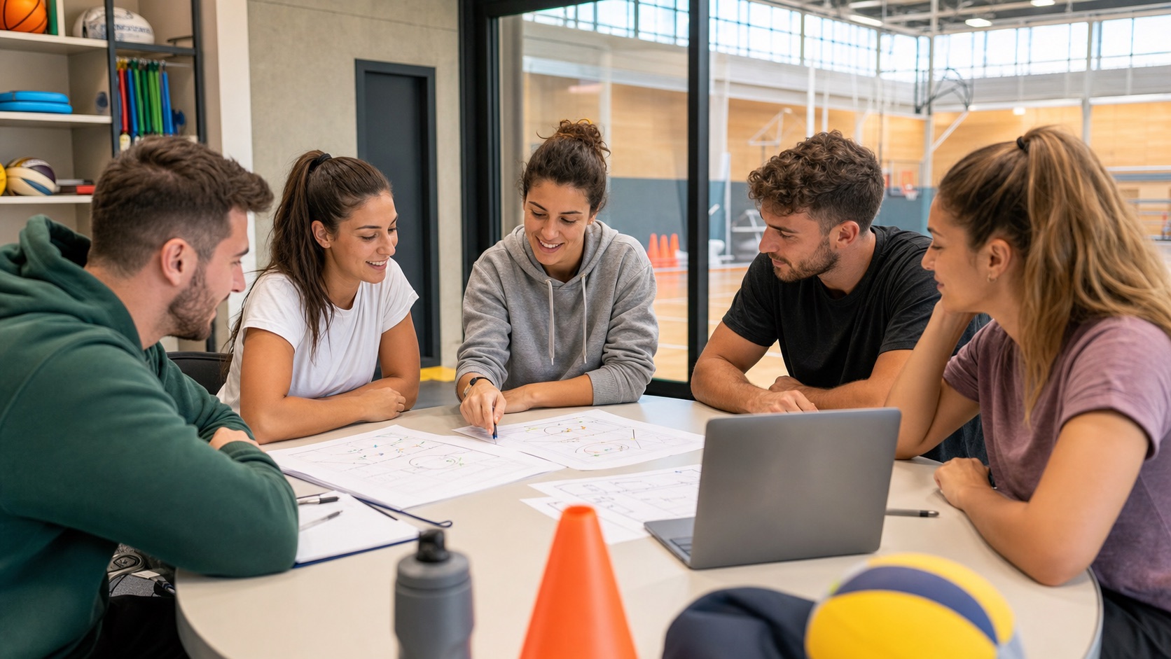 Grupo joven de aspirantes de Educación Física preparando una sesión con material deportivo